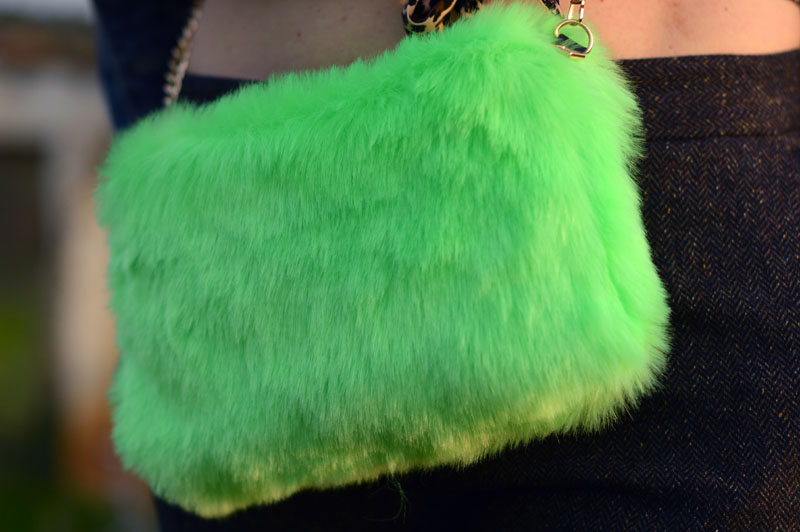 neon green furry handbag